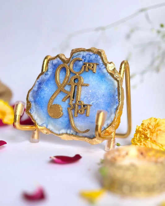 Jai Shree Ram Blue Agate Stone with Metal Stand Showpiece Decor Object | Multiple Colors | 3.5 x 2 x 3 inches