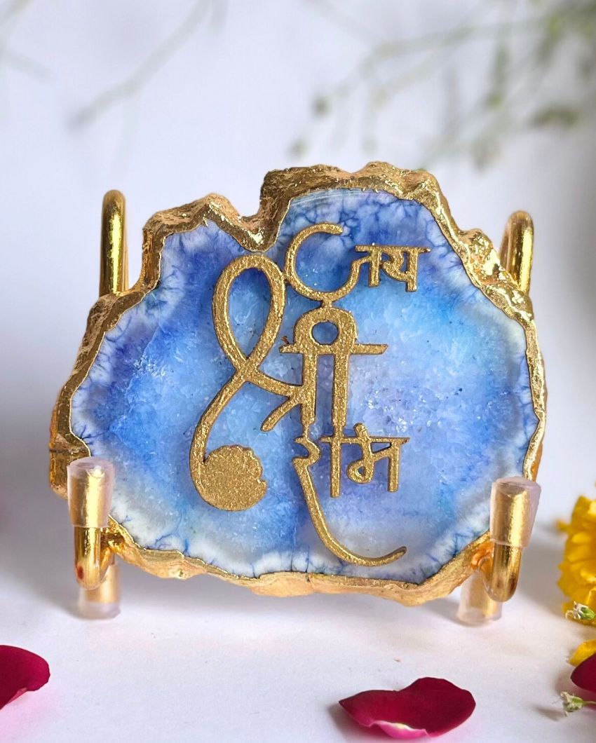 Jai Shree Ram Blue Agate Stone with Metal Stand Showpiece Decor Object | Multiple Colors | 3.5 x 2 x 3 inches