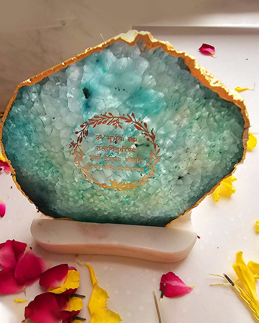 Graceful Gayatri Mantra Agate with Marble Tea Light Stand