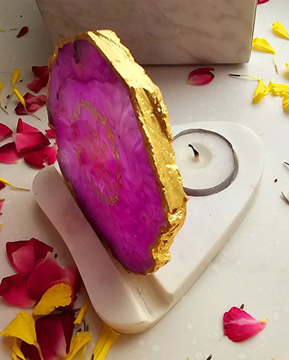 Graceful Gayatri Mantra Agate with Marble Tea Light Stand