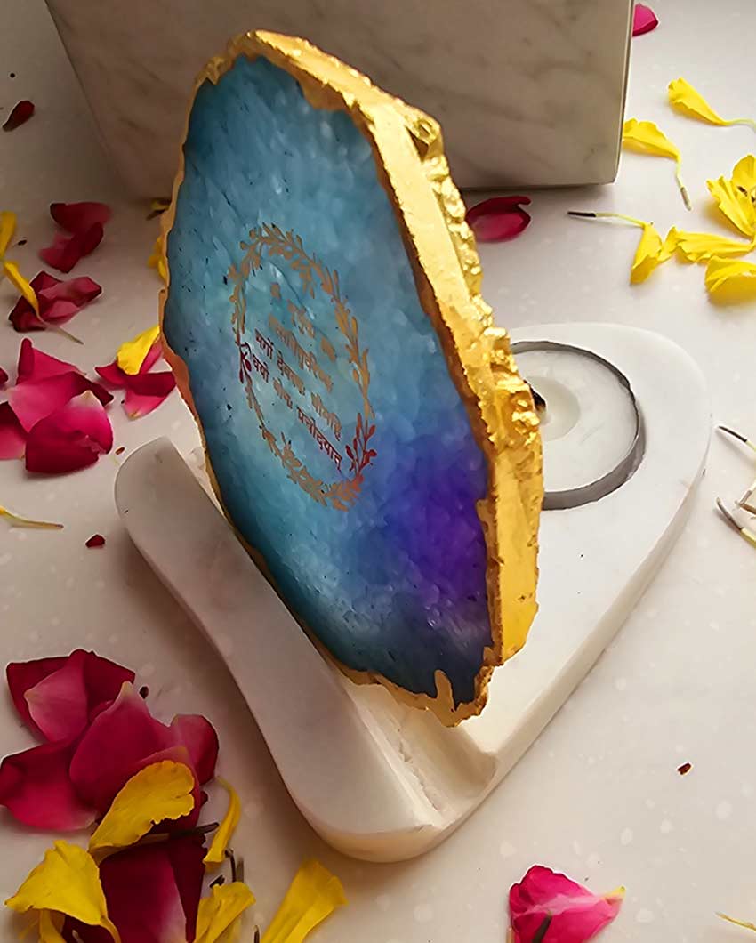 Graceful Gayatri Mantra Agate with Marble Tea Light Stand