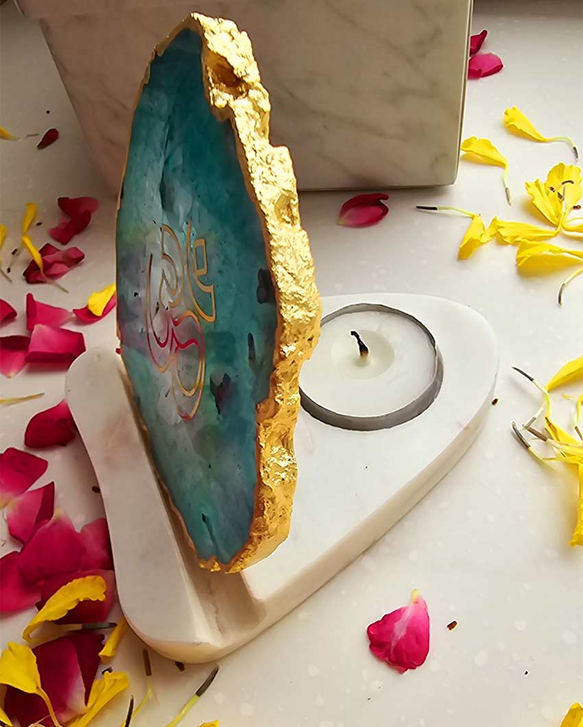 Serene OM Agate with Marble Tea Light Stand