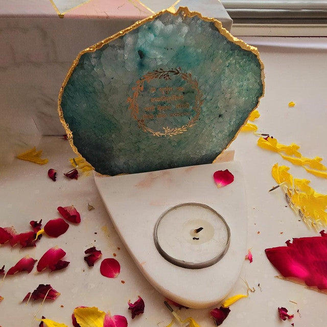 Green Gayatri Mantra Agate with Marble Base Tea Light  | 4 x 4.5 x 4 inches