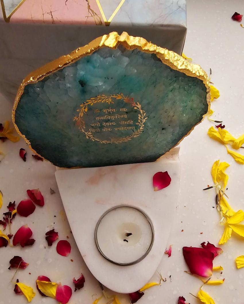 Green Gayatri Mantra Agate with Marble Base Tea Light  | 4 x 4.5 x 4 inches