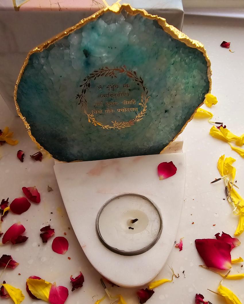 Green Gayatri Mantra Agate with Marble Base Tea Light  | 4 x 4.5 x 4 inches