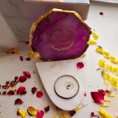 Pink Gayatri Mantra Agate with Marble Base Tea Light  | 4 x 4.5 x 4 inches