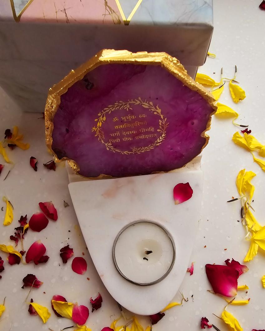 Pink Gayatri Mantra Agate with Marble Base Tea Light  | 4 x 4.5 x 4 inches