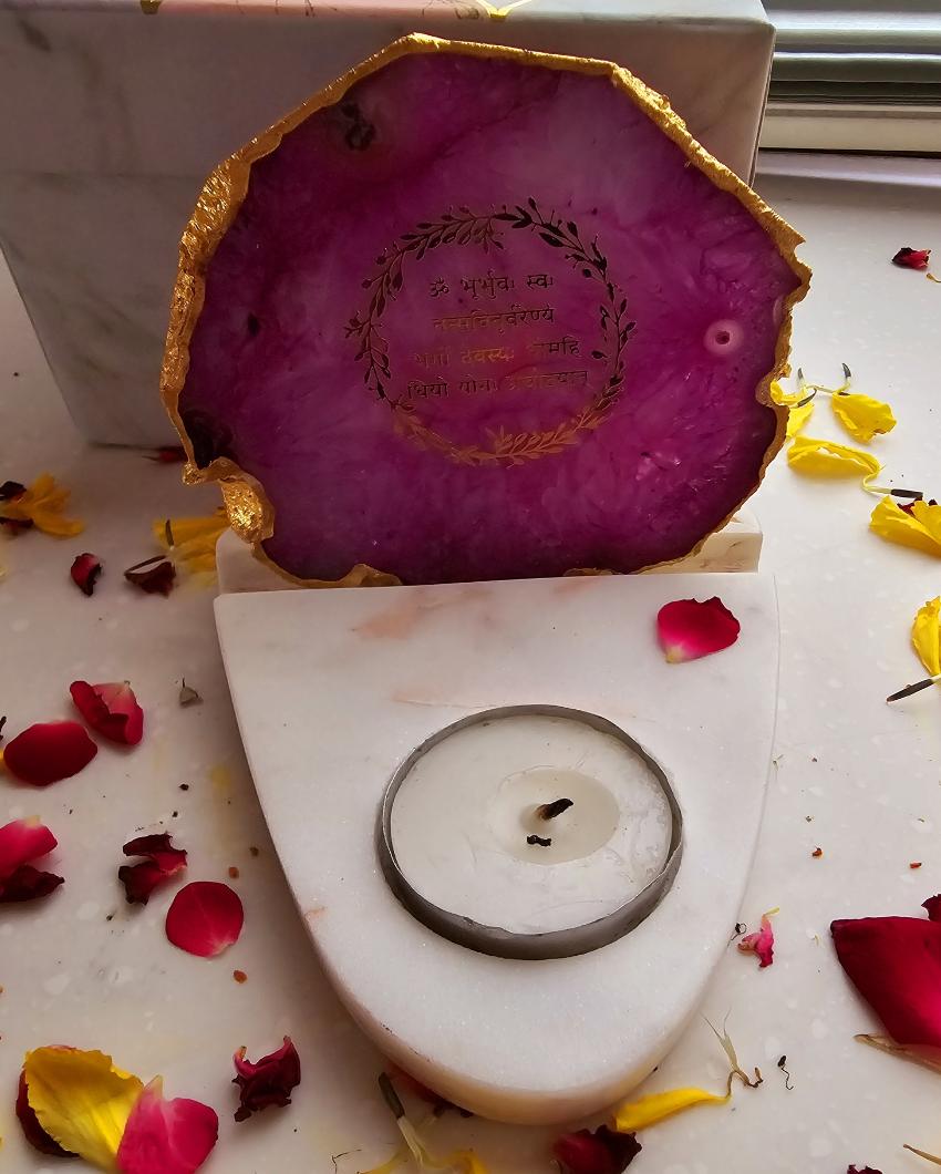 Pink Gayatri Mantra Agate with Marble Base Tea Light  | 4 x 4.5 x 4 inches