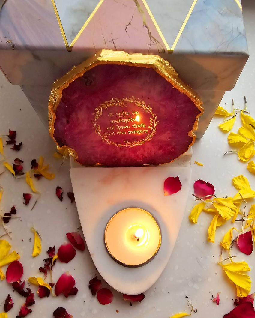 Pink Gayatri Mantra Agate with Marble Base Tea Light  | 4 x 4.5 x 4 inches