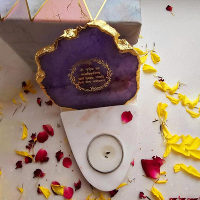 Purple Gayatri Mantra Agate with Marble Base Tea Light  | 4 x 4.5 x 4 inches