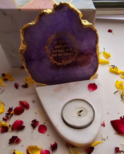 Purple Gayatri Mantra Agate with Marble Base Tea Light  | 4 x 4.5 x 4 inches