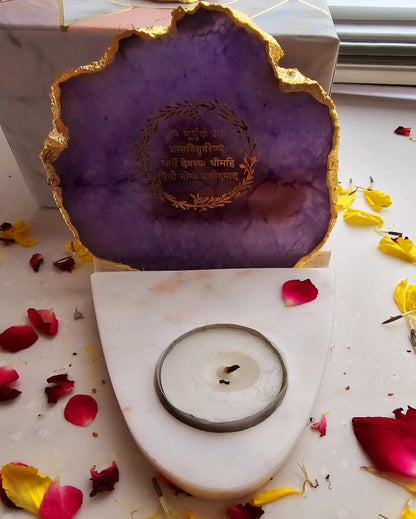 Purple Gayatri Mantra Agate with Marble Base Tea Light  | 4 x 4.5 x 4 inches