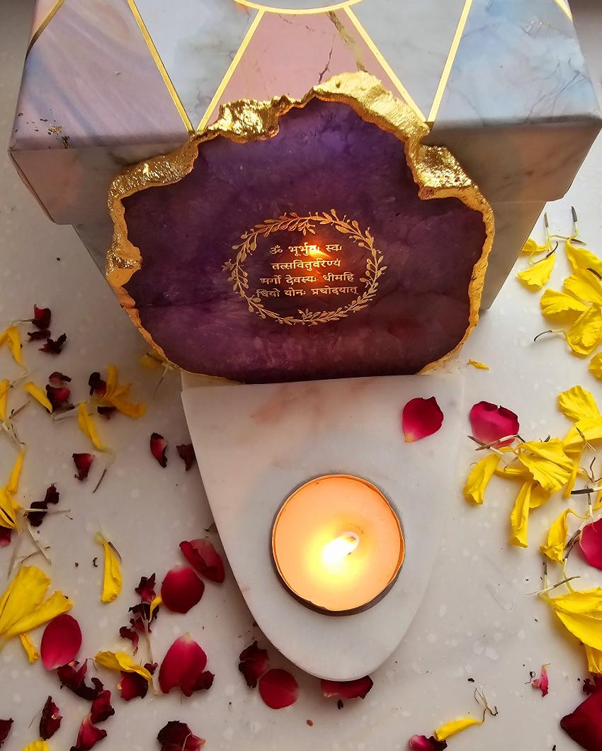 Purple Gayatri Mantra Agate with Marble Base Tea Light  | 4 x 4.5 x 4 inches