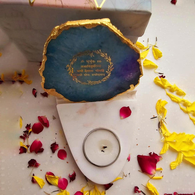 Turquoise Gayatri Mantra Agate with Marble Base Tea Light  | 4 x 4.5 x 4 inches