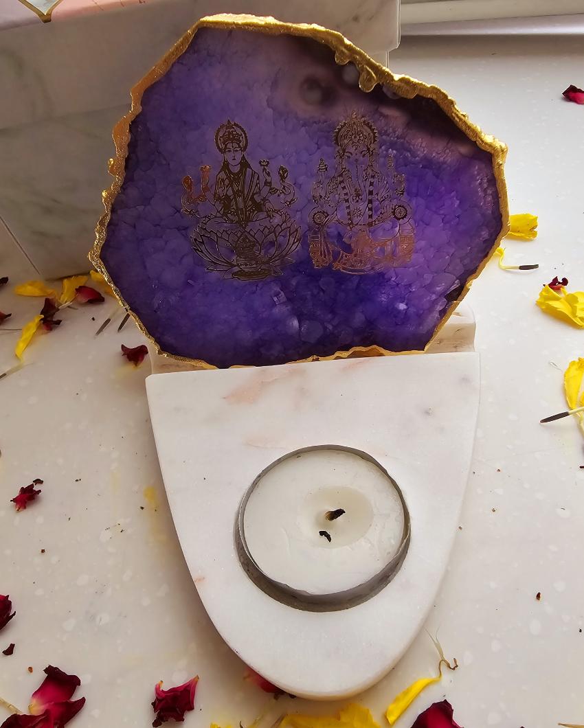 Purple Laxmi Ganesha Agate with Marble Base Tea Light | 4 x 4.5 x 4 inches