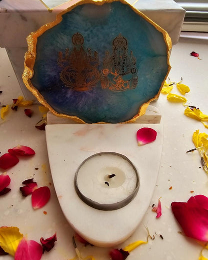 Turquoise Laxmi Ganesha Agate with Marble Base Tea Light | 4 x 4.5 x 4 inches