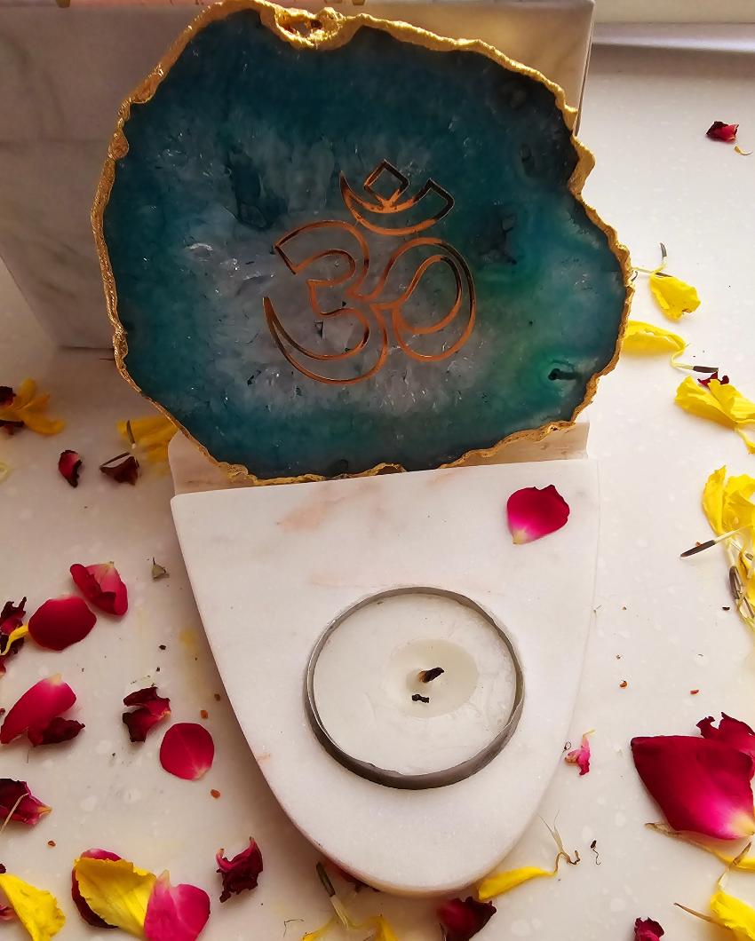 Green OM Agate with Marble Base Tea Light  | 4 x 4.5 x 4 inches