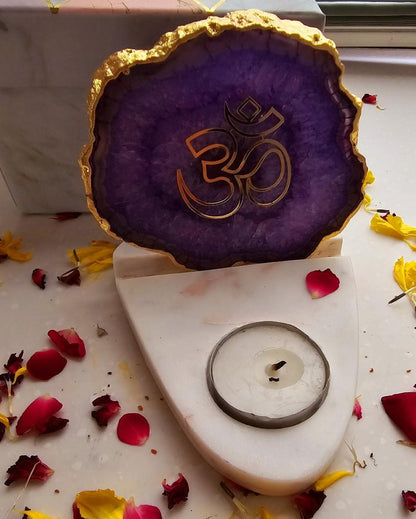 Purple OM Agate with Marble Base Tea Light  | 4 x 4.5 x 4 inches