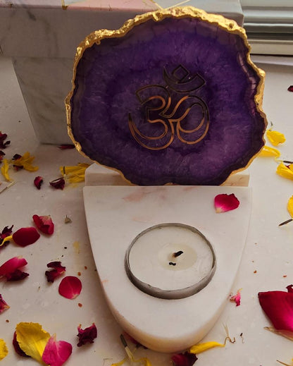 Purple OM Agate with Marble Base Tea Light  | 4 x 4.5 x 4 inches