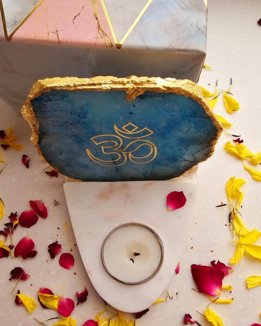 Turquoise OM Agate with Marble Base Tea Light  | 4 x 4.5 x 4 inches