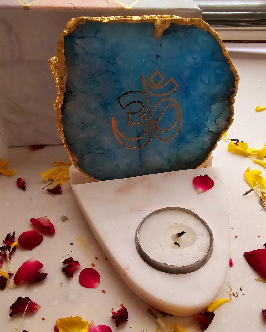 Turquoise OM Agate with Marble Base Tea Light  | 4 x 4.5 x 4 inches