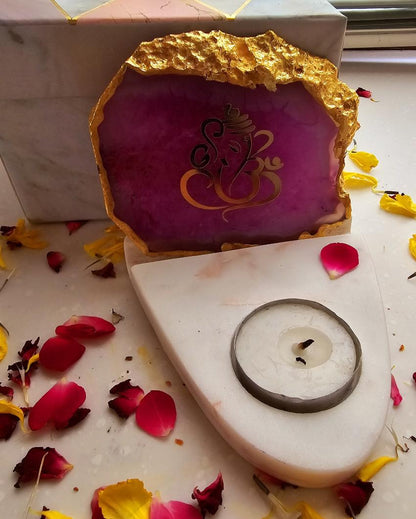 Pink Ganesha Agate with Marble Base Tea Light  | 4 x 4.5 x 4 inches