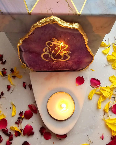 Pink Ganesha Agate with Marble Base Tea Light  | 4 x 4.5 x 4 inches