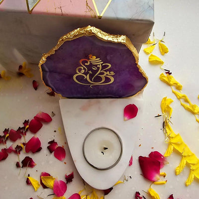 Purple Ganesha Agate with Marble Base Tea Light  | 4 x 4.5 x 4 inches