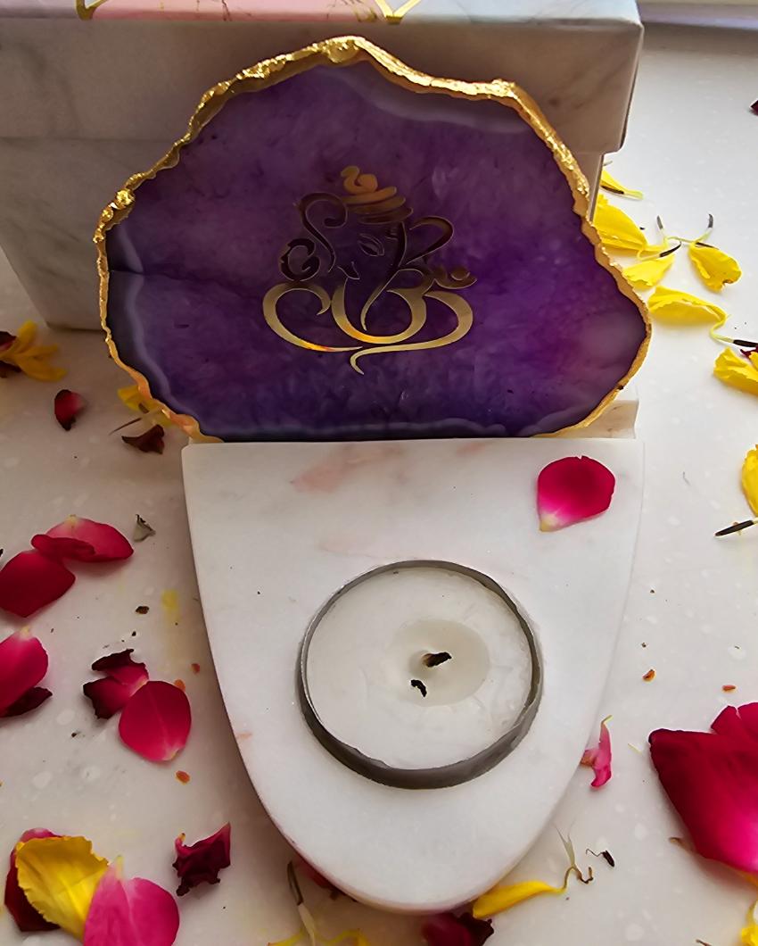 Purple Ganesha Agate with Marble Base Tea Light  | 4 x 4.5 x 4 inches