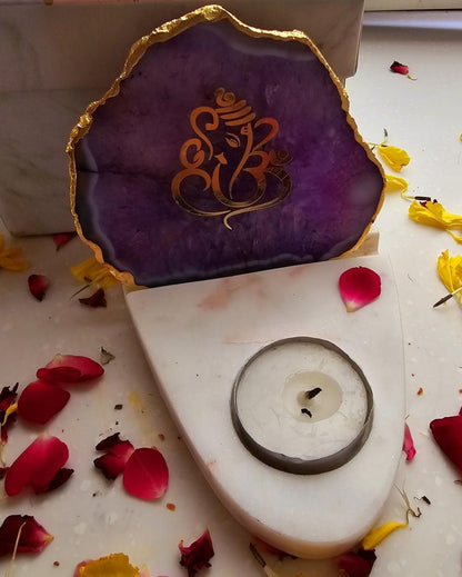 Purple Ganesha Agate with Marble Base Tea Light  | 4 x 4.5 x 4 inches