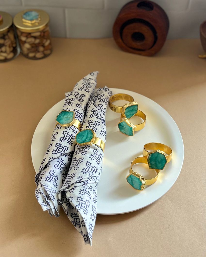 Luxurious Stone Handcrafted Crystal Agate Metal Napkin Rings | Set Of 6 Green