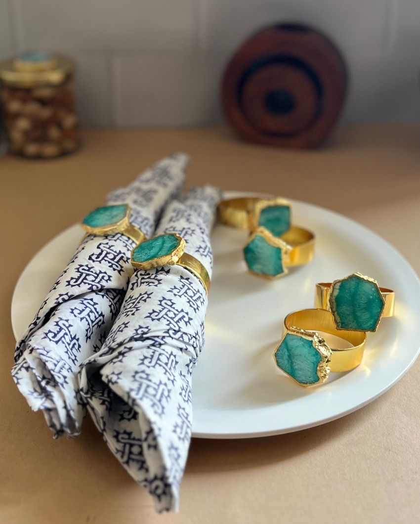 Luxurious Stone Handcrafted Crystal Agate Metal Napkin Rings | Set Of 6 Green