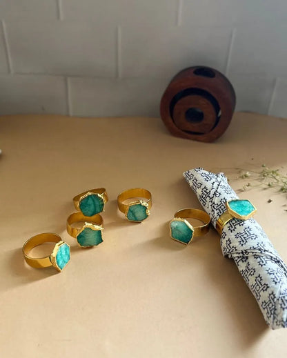 Luxurious Stone Handcrafted Crystal Agate Metal Napkin Rings | Set Of 6 Green