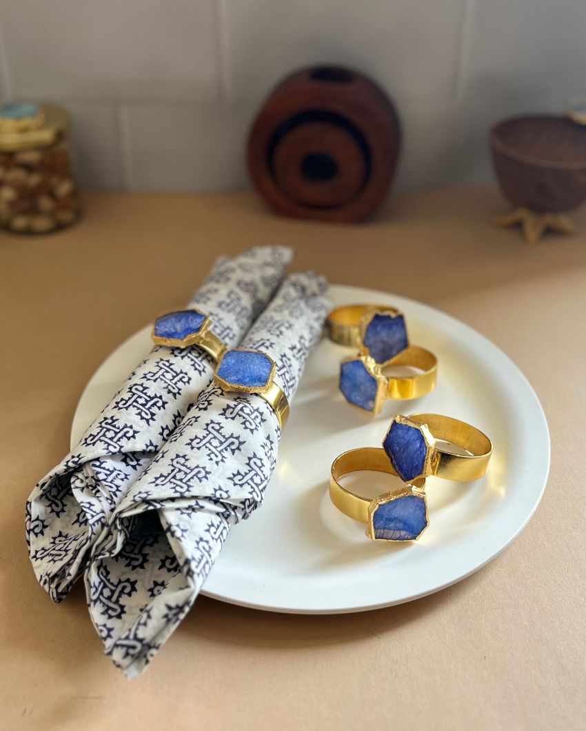 Luxurious Stone Handcrafted Crystal Agate Metal Napkin Rings | Set Of 6 Blue