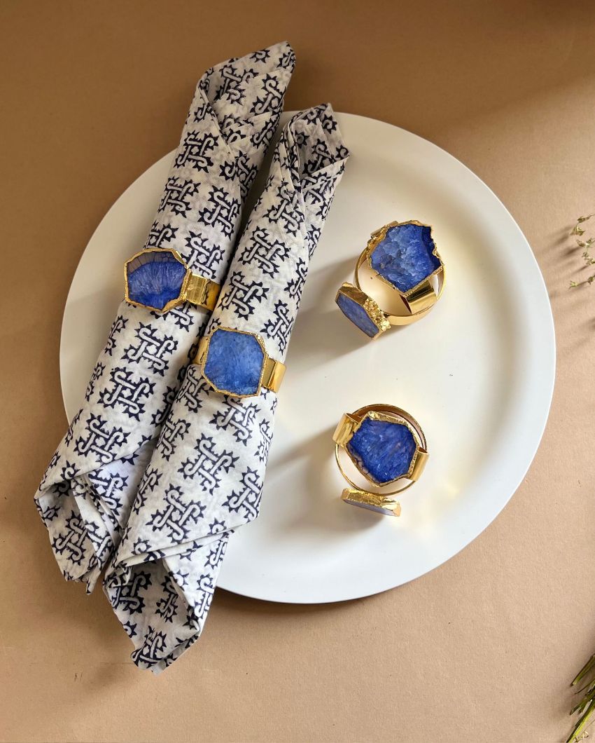 Luxurious Stone Handcrafted Crystal Agate Metal Napkin Rings | Set Of 6 Blue