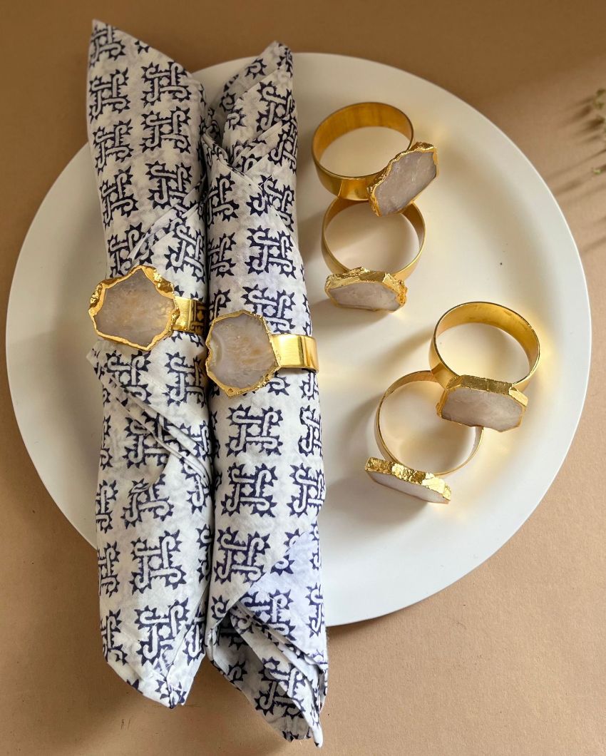 Luxurious Stone Handcrafted Crystal Agate Metal Napkin Rings | Set Of 6 White