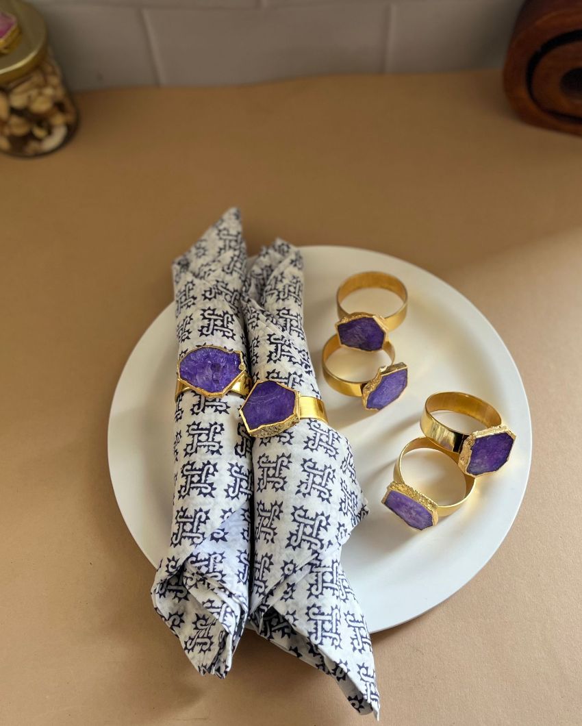 Luxurious Stone Handcrafted Crystal Agate Metal Napkin Rings | Set Of 6 Purple