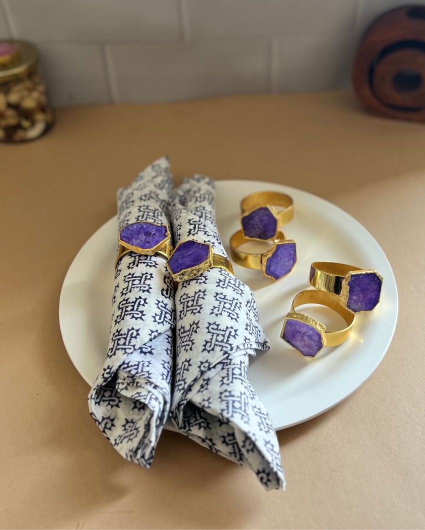 Luxurious Stone Handcrafted Crystal Agate Metal Napkin Rings | Set Of 6 Purple