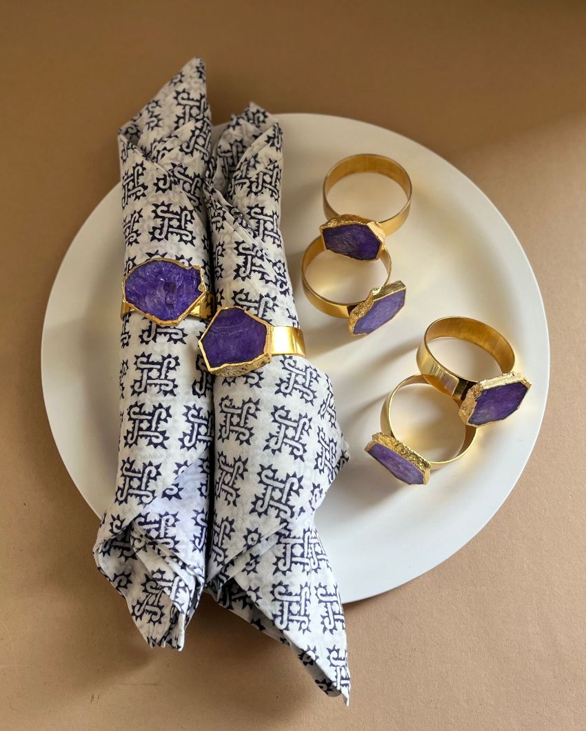 Luxurious Stone Handcrafted Crystal Agate Metal Napkin Rings | Set Of 6 Purple