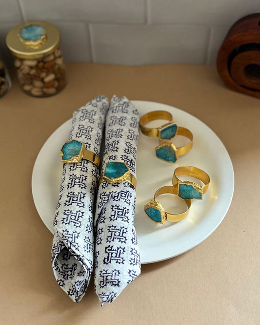 Luxurious Stone Handcrafted Crystal Agate Metal Napkin Rings | Set Of 6 Light Blue