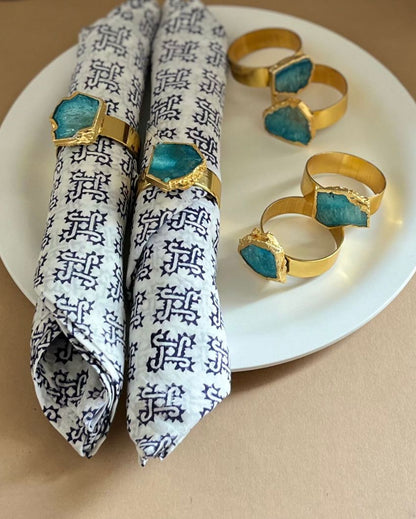 Luxurious Stone Handcrafted Crystal Agate Metal Napkin Rings | Set Of 6 Light Blue