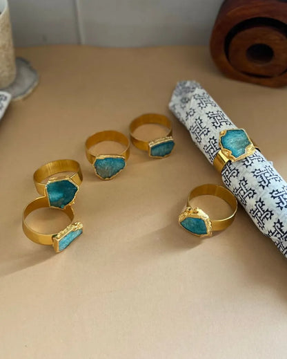 Luxurious Stone Handcrafted Crystal Agate Metal Napkin Rings | Set Of 6 Light Blue