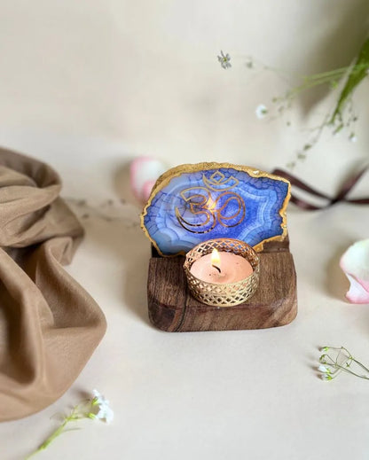 OM Tea Light Holder Agate with Wood | Multiple Colors | 4 x 3.5 x 3.5  inches