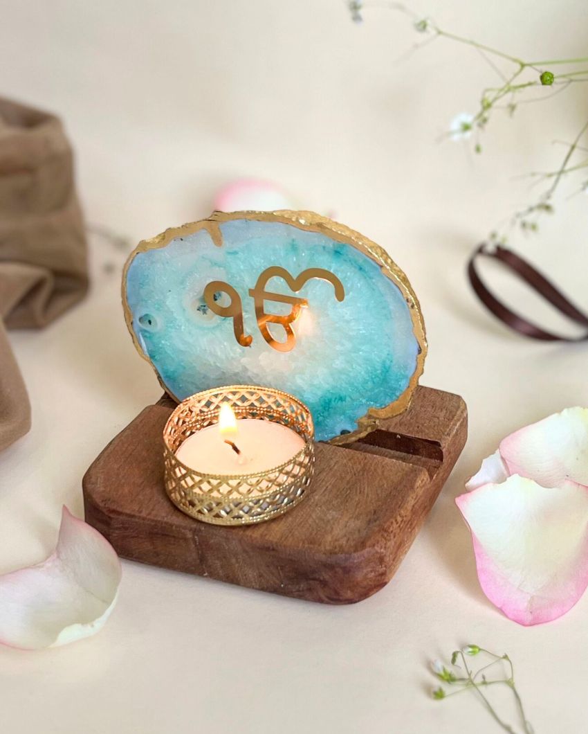 Ik Onkar Tea Light Holder Agate with Wood | Multiple Colors | 4 x 3.5 x 3.5  inches