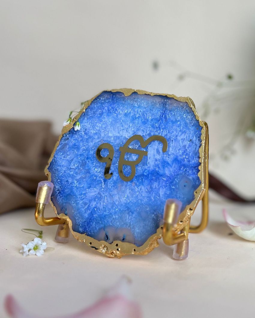 Ik Onkar Metal Holder with Agate Decor Object | 4 x 2 x 3 inches