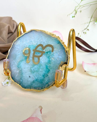 Ik Onkar Metal Holder with Agate Decor Object | 4 x 2 x 3 inches