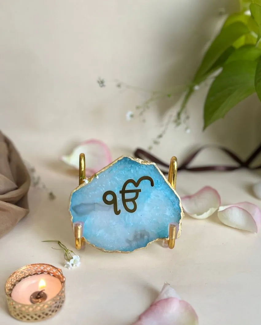 Ik Onkar Metal Holder with Agate Decor Object | 4 x 2 x 3 inches