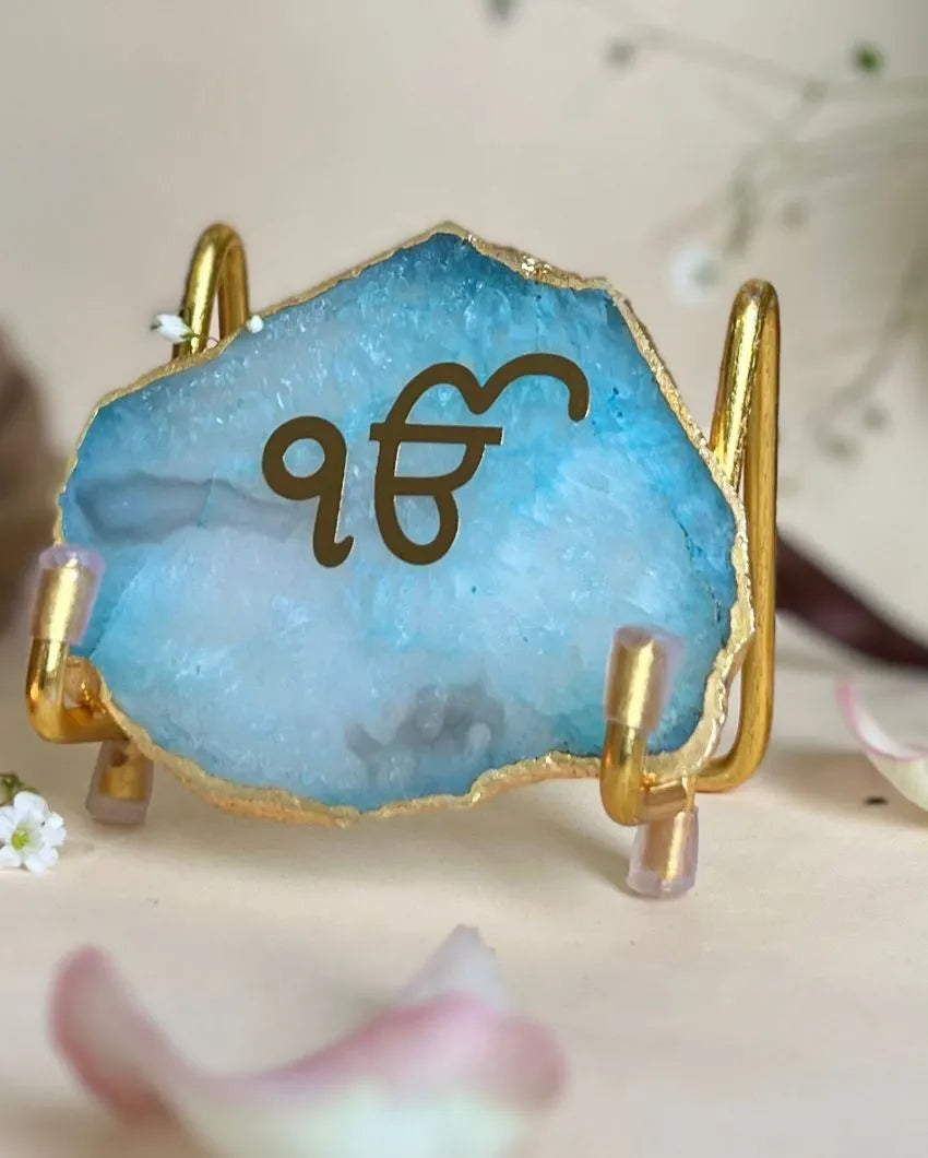 Ik Onkar Metal Holder with Agate Decor Object | 4 x 2 x 3 inches