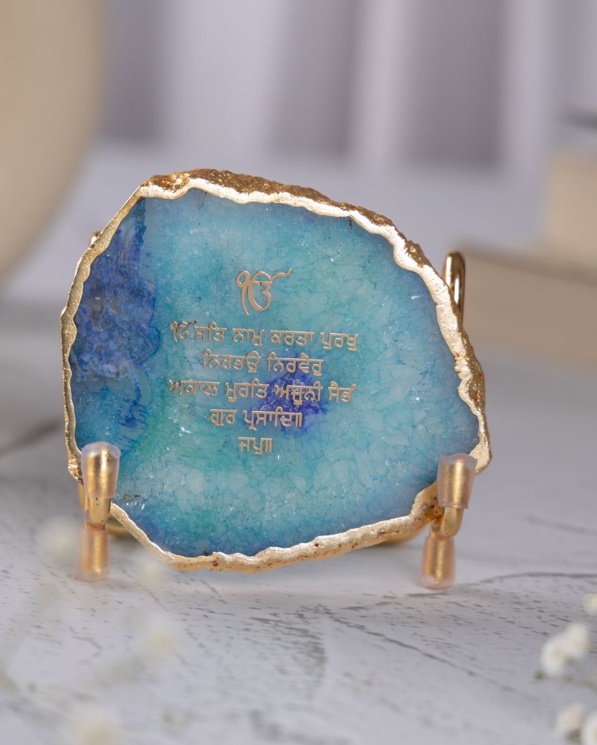 Ik Onkar Mantra Blue Agate Showpiece With Metal Base | 4 x 4 x 3.5 inches