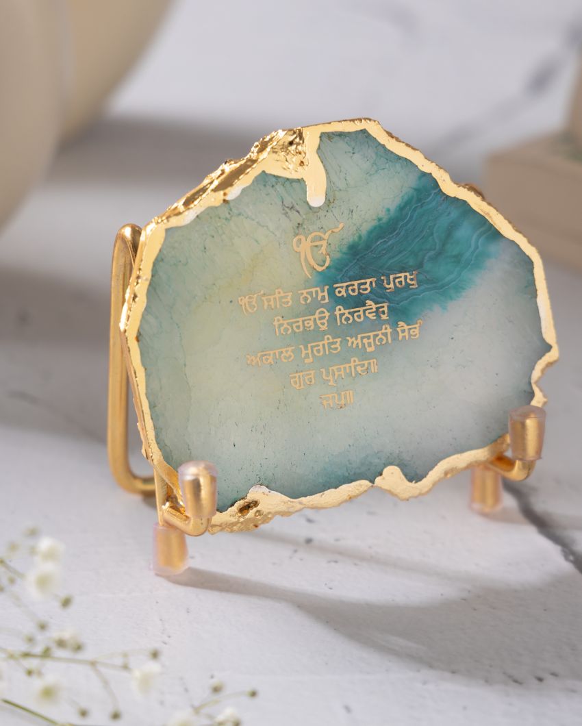 Ik Onkar Mantra Green Agate Showpiece With Metal Base | 4 x 4 x 3.5 inches